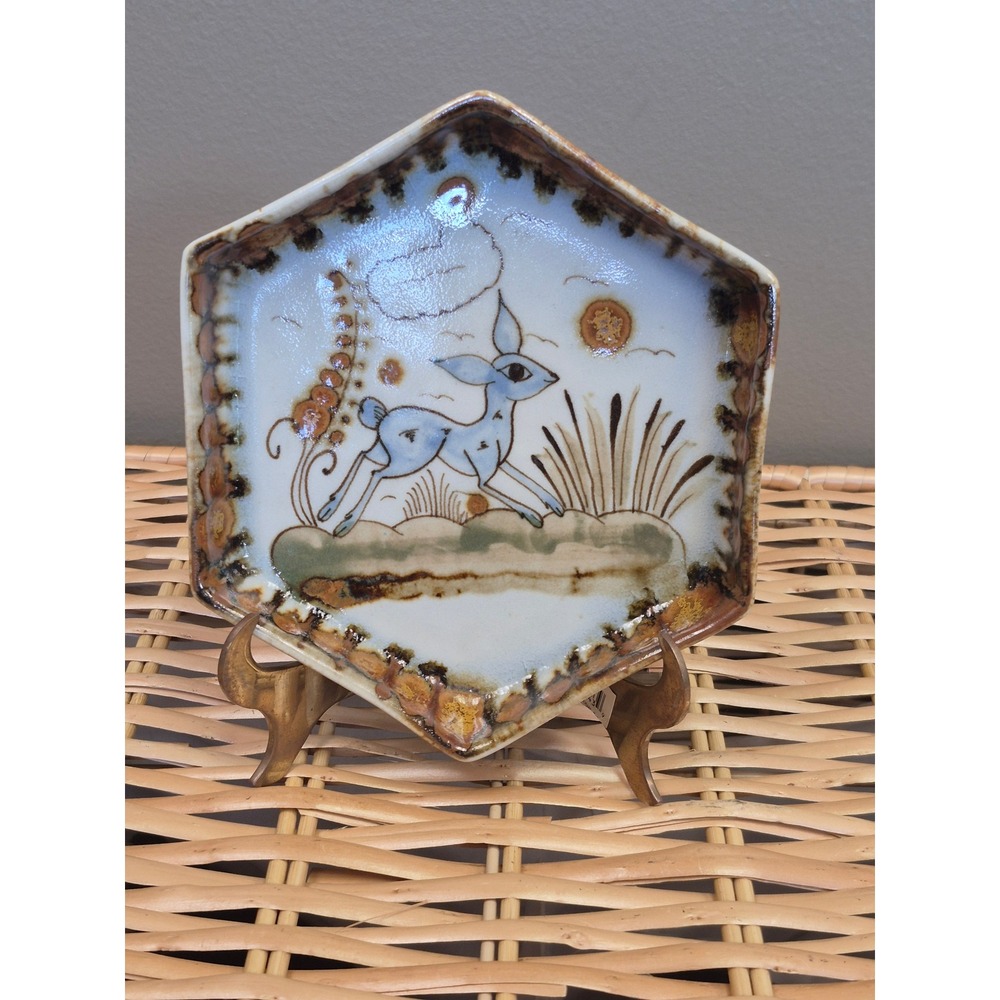 Vintage Ken Edwards El Palomar Tonala Mexico Pottery Deer Hexagon Dish Folk Art